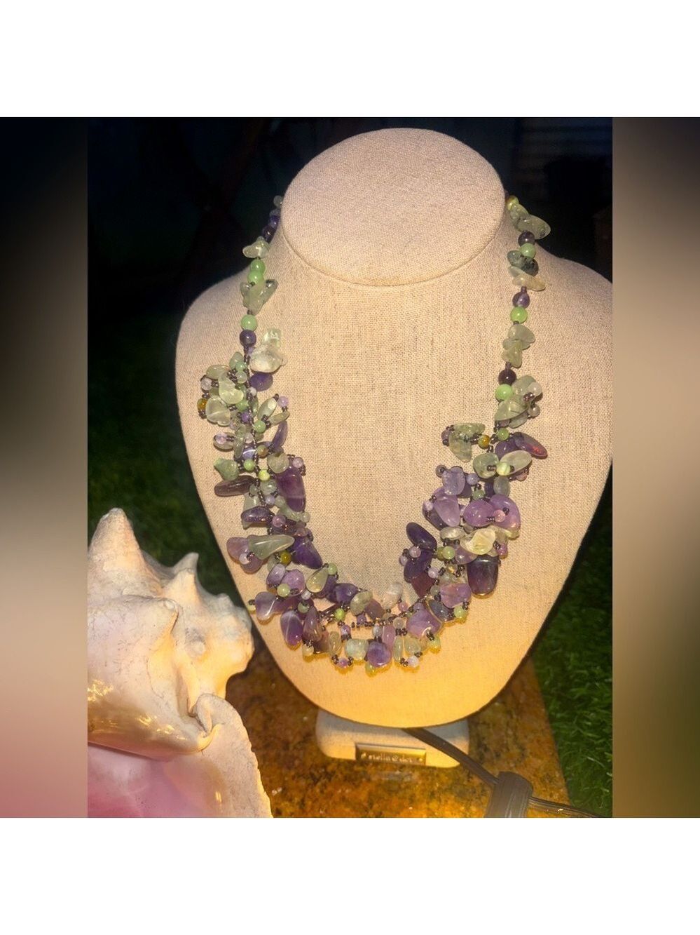 GENUINE Stone Purple Amethyst and Green Prehnite Chunky Necklace 18in Women